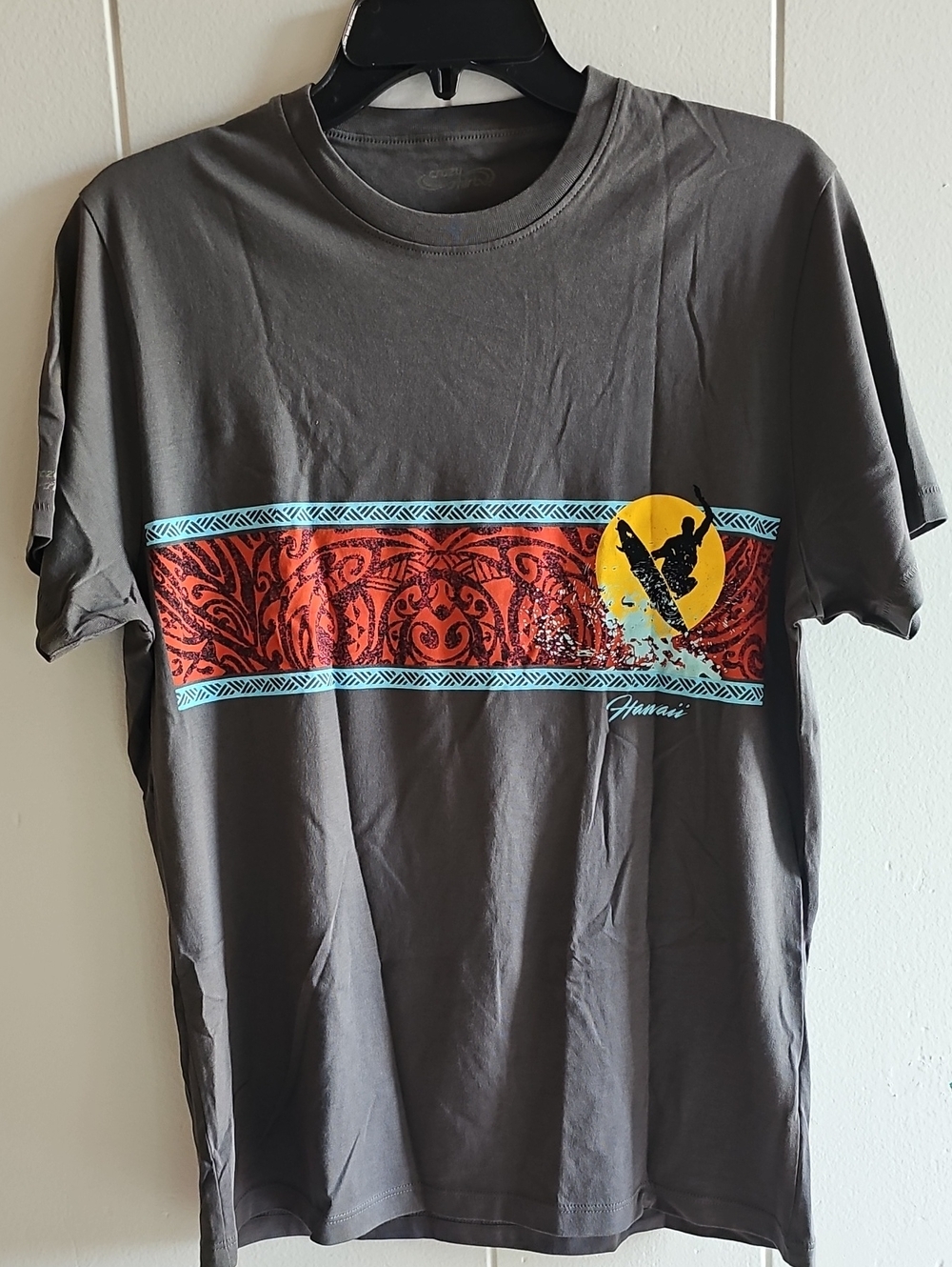 Graphic Men’s T-Shirt — Charcoal with Red and Yellow Print Size Small